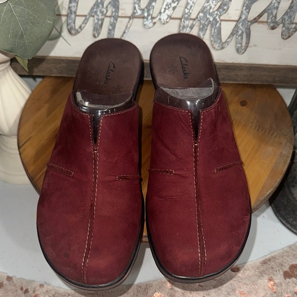Clarks Burgundy Mules